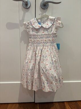 White Floral Smocked Girls' Dress with Peter Pan Collar